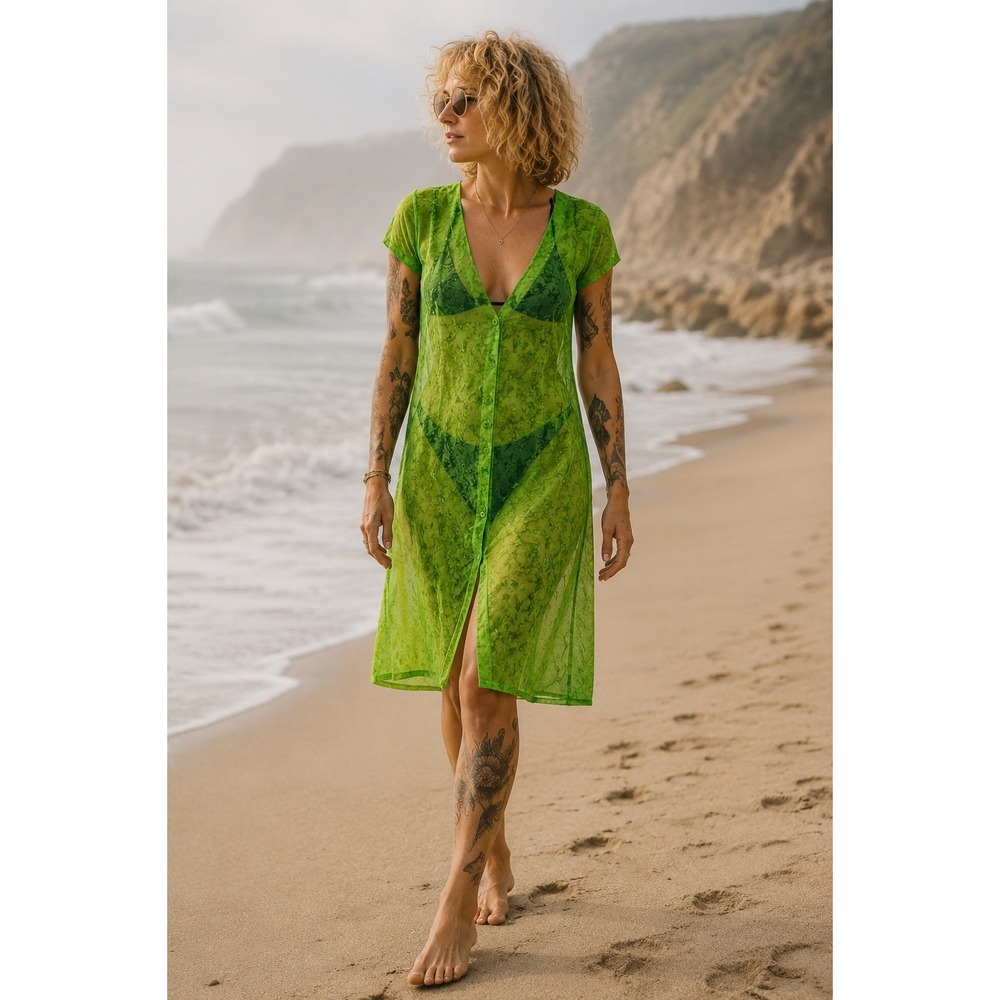 Rima Beachwear 100% Chiffon Lime Green Marble Print Tunic Cover Up L